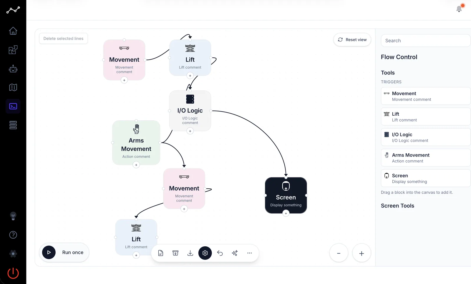 The visual programming canvas with linked movement, lift and logic blocks